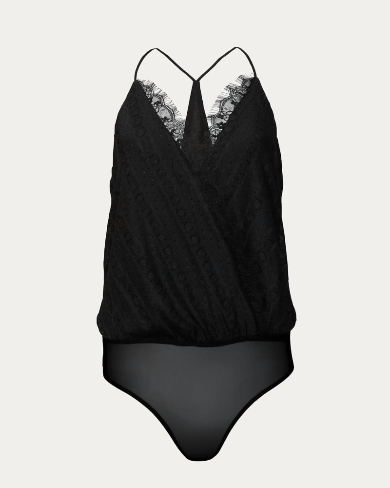 Front of a size L Lace-Trimmed Bodysuit in Black in Black by LUSH. | dia_product_style_image_id:333406